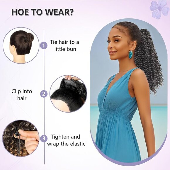 Curly Ponytail Extension Human Hair 16 Inch Afro Kinky Drawstring for Daily Wear